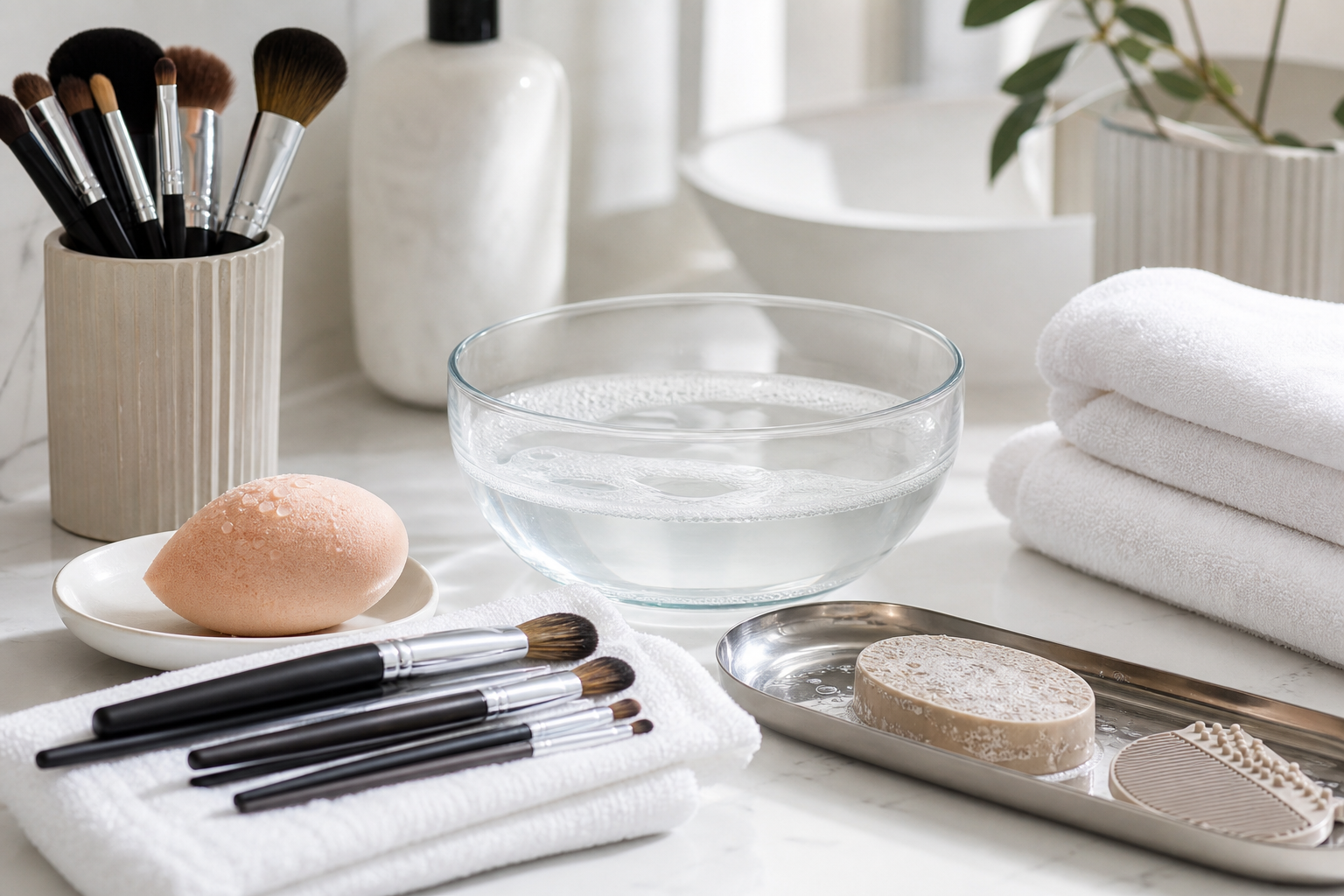 Clean unbranded makeup brushes, a sponge, and a glass bowl with gentle soap on a bright white vanity