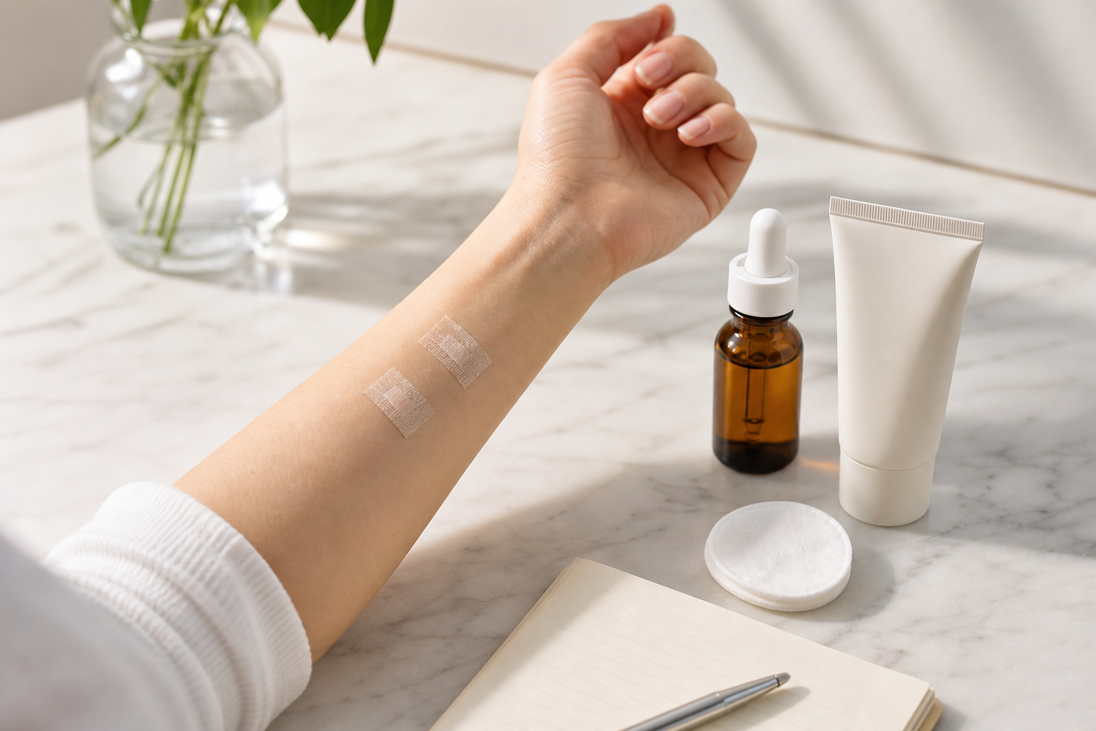 Unbranded skincare products, cotton pads, and a small patch test applied on an inner forearm in a bright editorial skincare setting