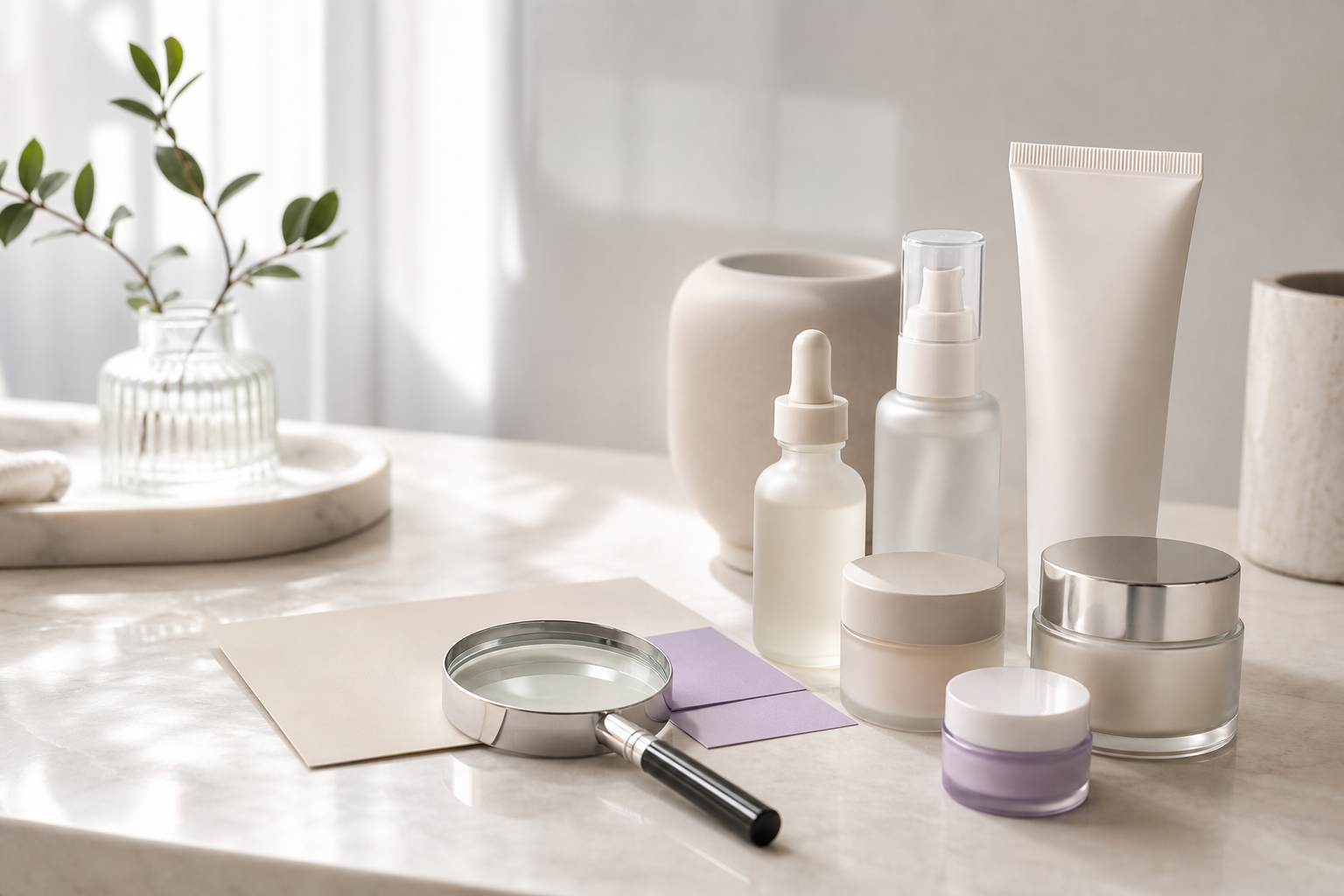 Unbranded skincare bottles, jars, and a sunscreen tube beside a magnifying glass and ingredient card on a bright vanity surface
