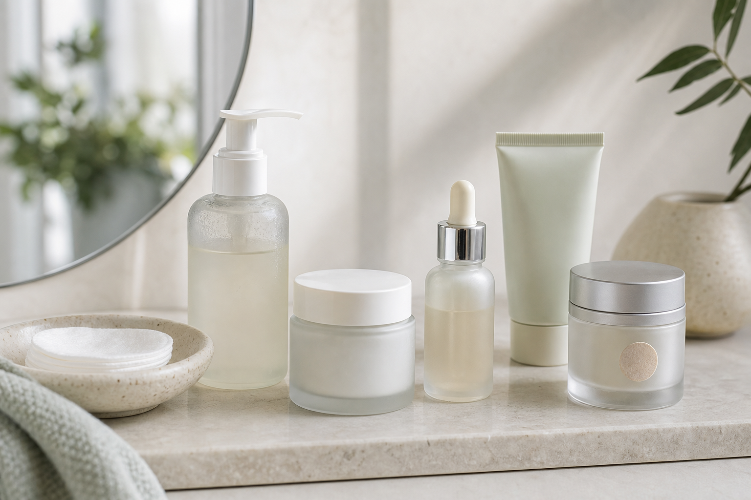 Unbranded skincare bottles, jars, and a sunscreen tube arranged on a bright vanity shelf to illustrate product shelf life and storage habits