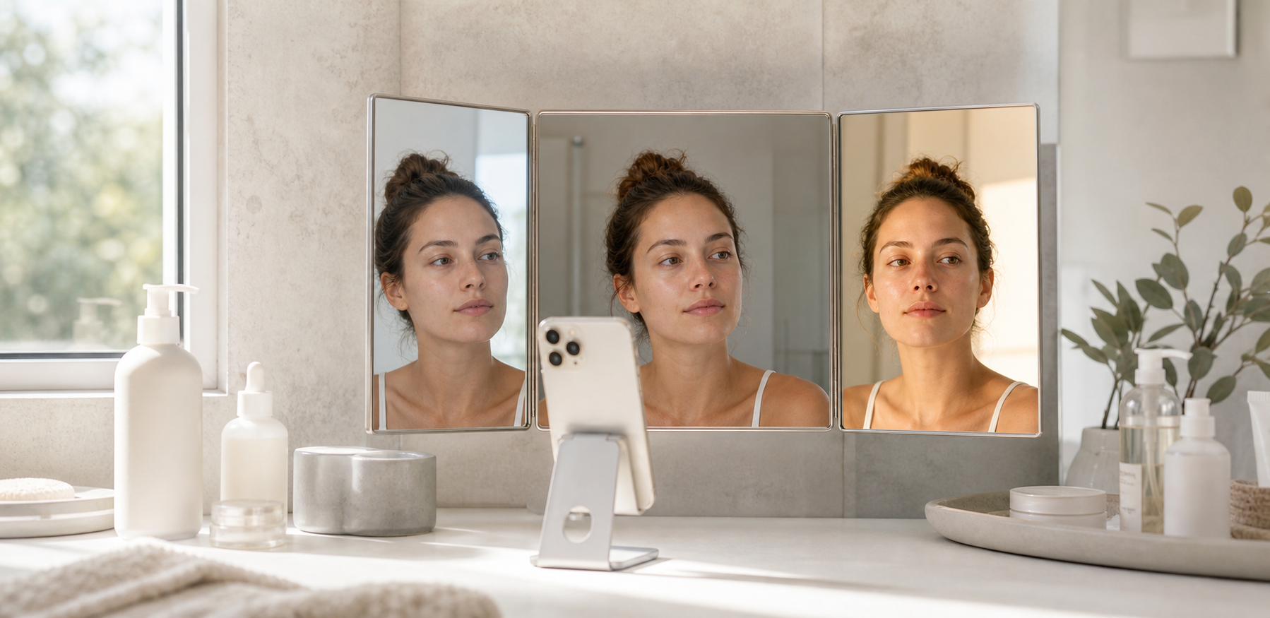 A smartphone on a vanity in front of a three-panel mirror, showing the same face under different lighting angles to illustrate why selfies can look inconsistent